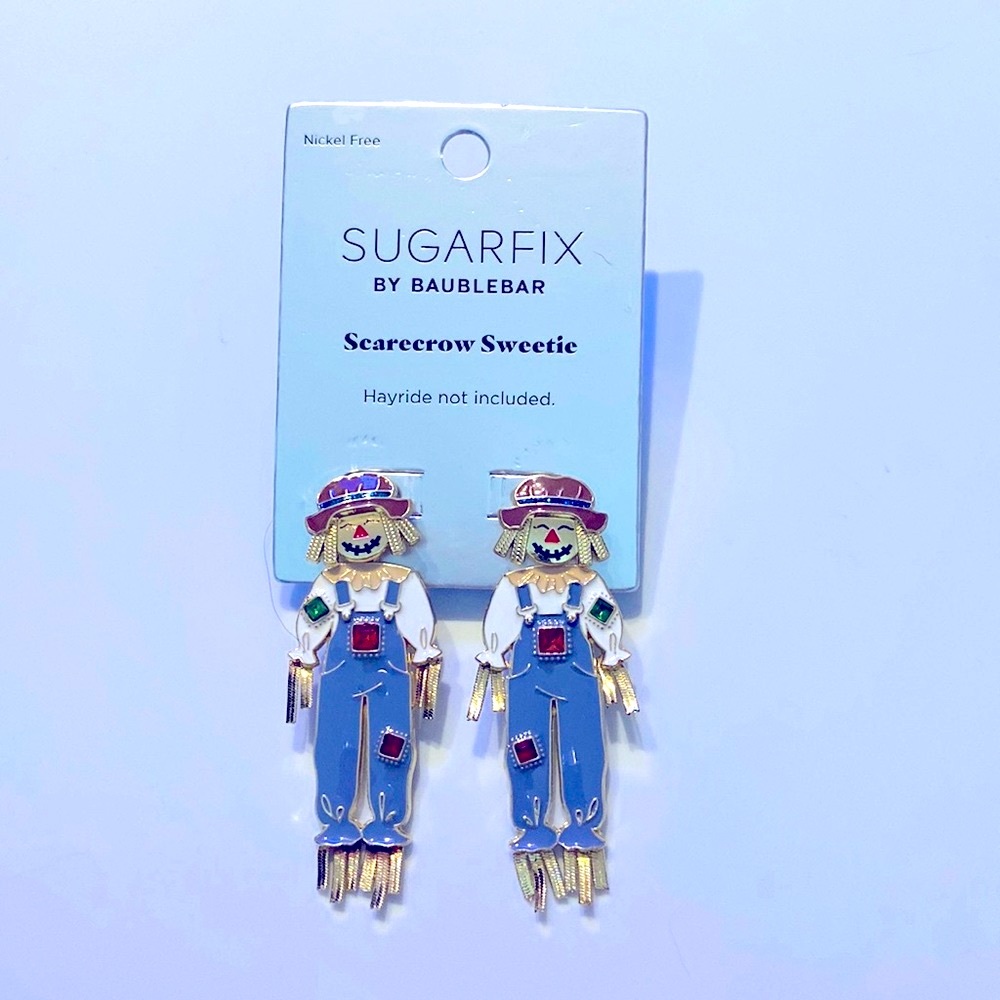 NEW BaubleBar Halloween Scarecrow Sweetie enamel & gold 3D drop earrings
